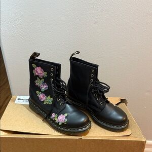 Dr. Martens Black Boots with Pink Floral Embroidery